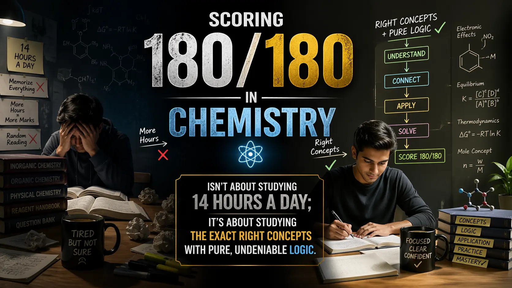 Student intensely focused on solving chemistry problems