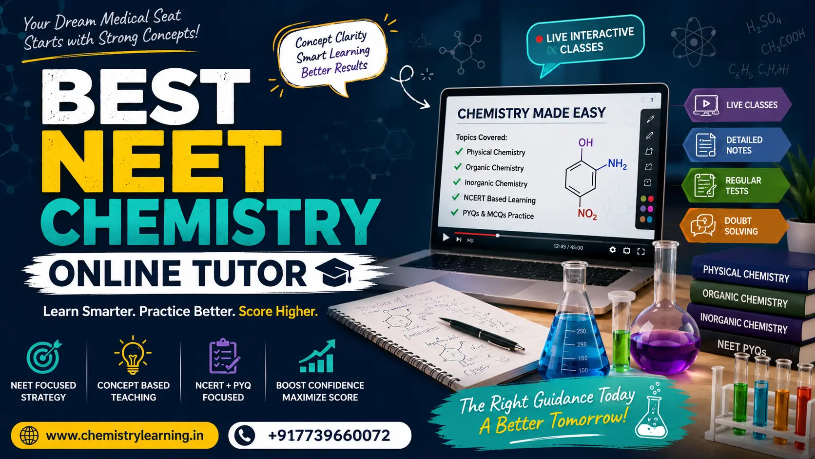 Student studying chemistry intensely at home via an online tutoring platform